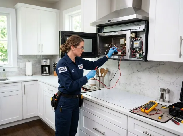 Appliance Repair Hero technician testing an over-the-range microwave in a Benton, IL kitchen